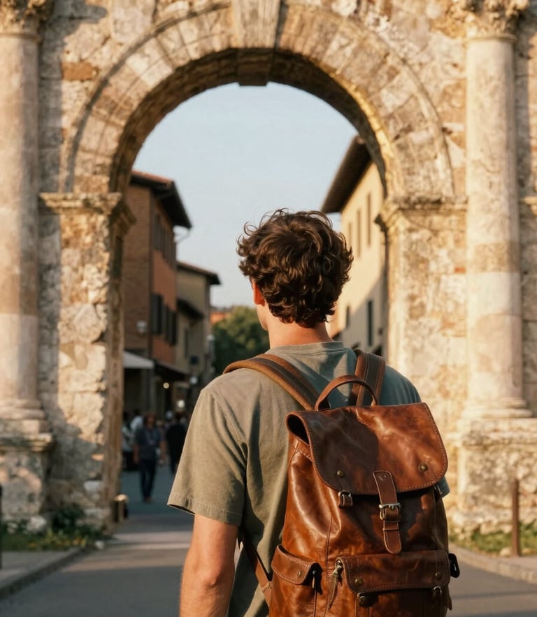 A traveler with a leather backpack looking out at a sun-drenched ancient stone archway in Italy, golden hour warmth, analog film style.