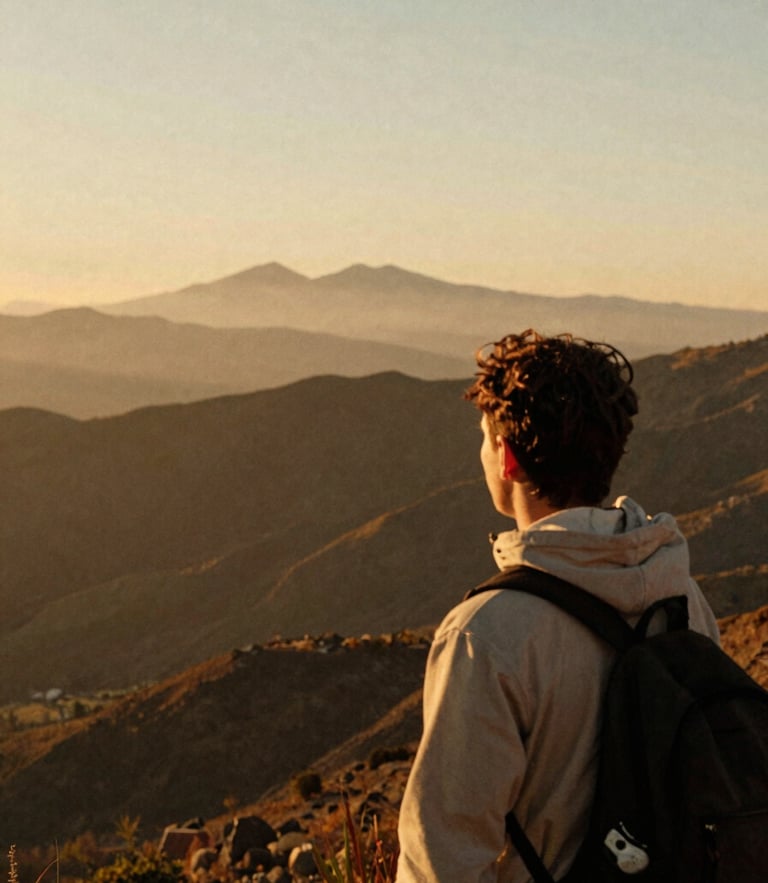 Cinematic warm 35mm photo of a traveler looking at a vast mountain horizon in Oaxaca, golden hour light, soft analog film grain.