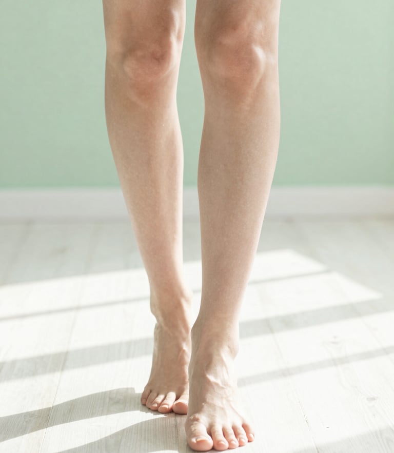 Bright editorial photography, natural morning daylight, close up of healthy legs walking on a clean sunlit wooden floor, soft green tones, shallow depth of field