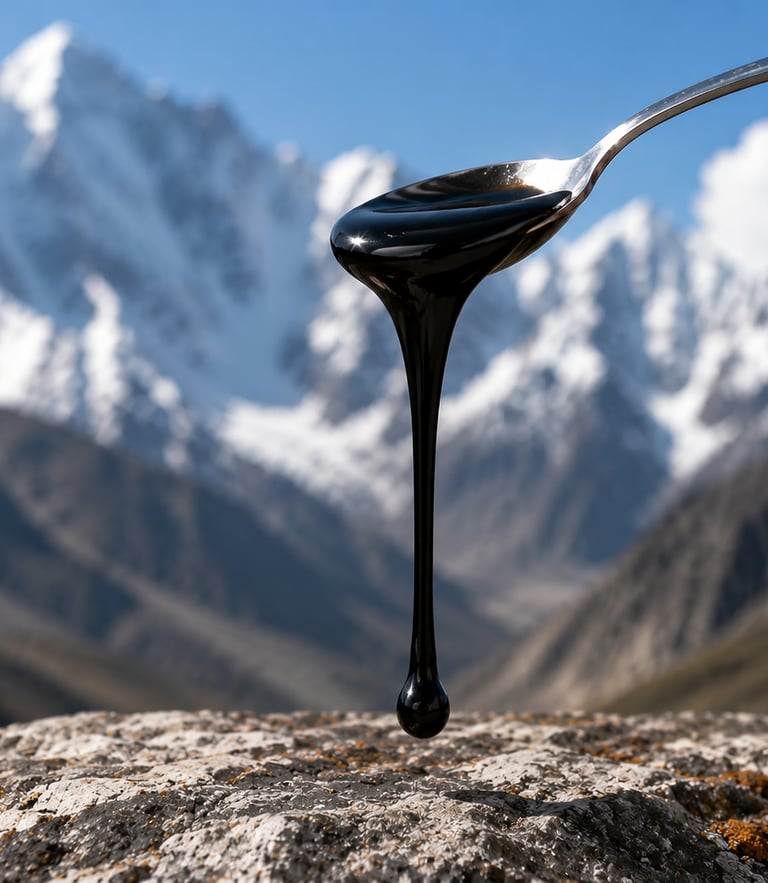 Pure Himalayan shilajit resin dripping from a metal spoon onto a rock with snowy mountains in the background.