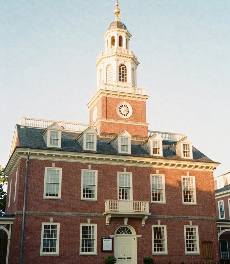 Historic brick town hall under soft golden morning light, classic colonial architecture, 35mm film look