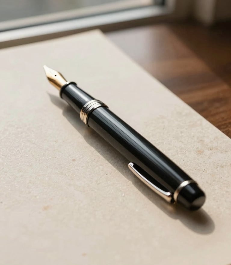Cinematic medium shot of a fountain pen resting on a heavy textured paper document, soft natural light from a high-rise window, shallow depth of field, warm travertine tones.