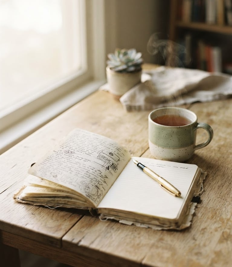 Un cuaderno abierto y una taza de té humeante sobre una mesa de madera clara, iluminados por la luz suave de la mañana, transmitiendo introspección y calma.