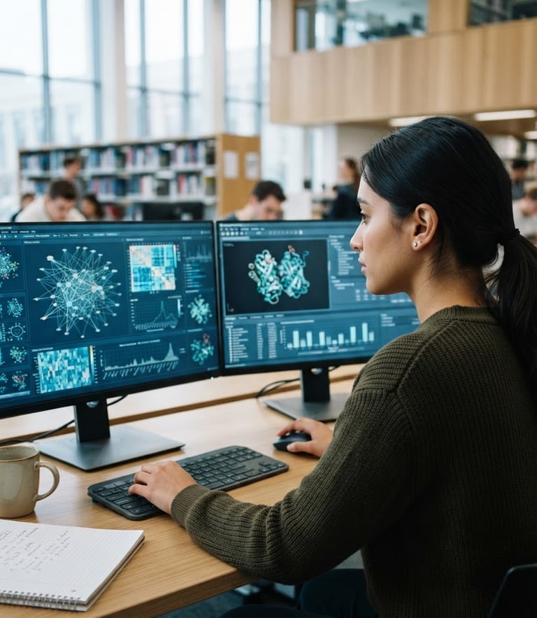 Over-the-shoulder shot of a focused researcher analyzing complex data visualizations on a dual-monitor setup in a bright, modern university library, cool daylight, 35mm