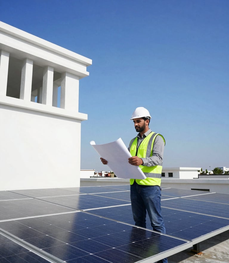 A certified Pakistani electrical engineer in safety gear holding a blueprint on a bright sunny rooftop next to high-capacity solar panels, deep blue sky, crisp architectural photography