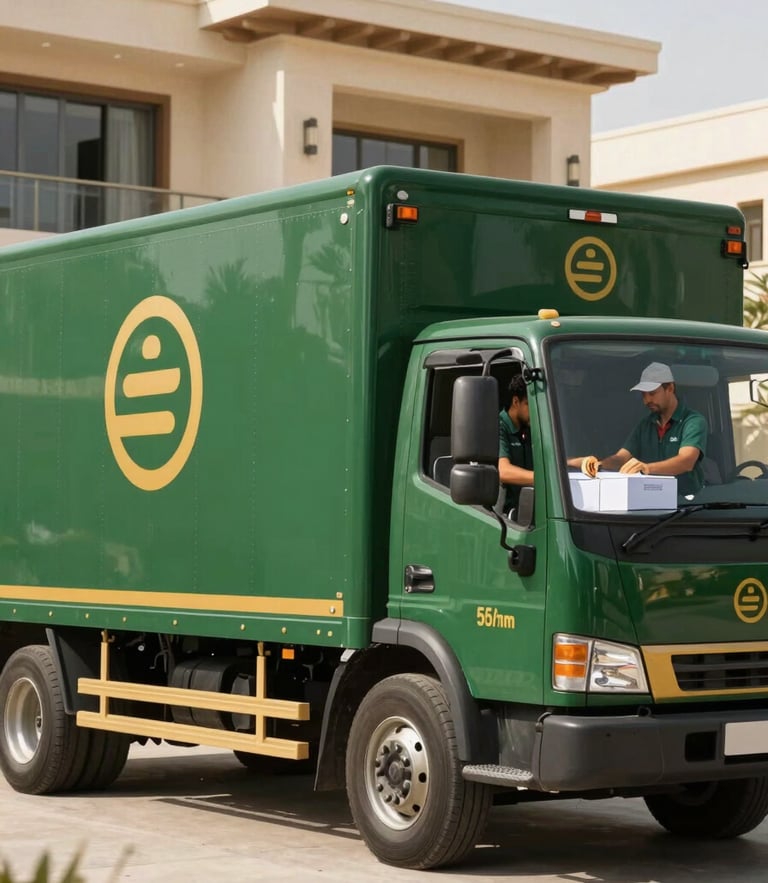 A clean, branded green moving truck parked in front of a modern Saudi villa, bright warm daylight, professional crew preparing high-quality packing materials, 35mm photography.