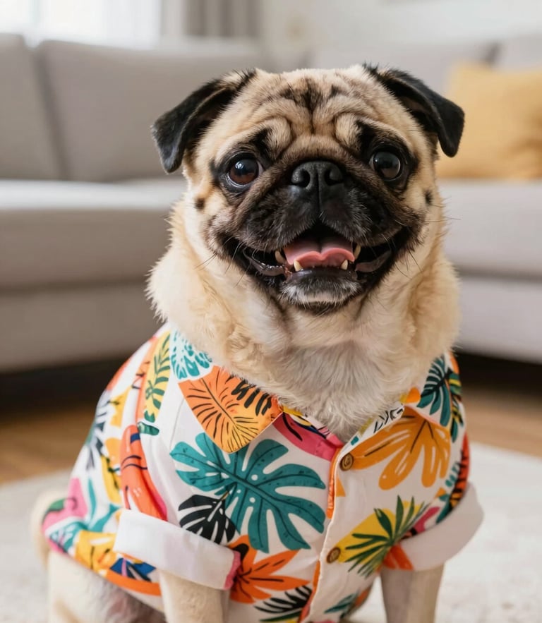A joyful pug wearing a colorful handmade tropical shirt, sitting happily in a bright living room, warm natural light, close-up shot.