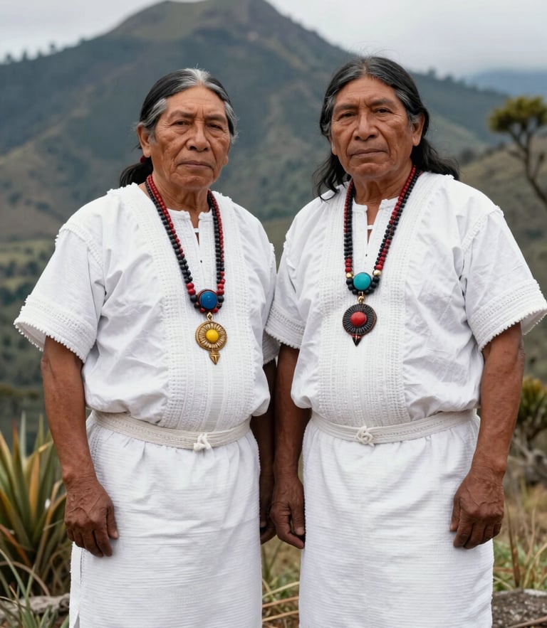 Dignified portrait of Wiwa and Kogui indigenous leaders in their traditional white woven clothing, standing together in the Sierra Nevada mountains, looking directly at the camera, respectful editorial style, overcast natural light.