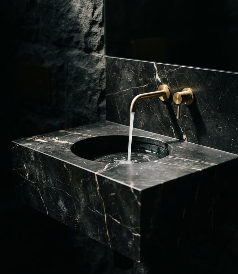 Dramatic architectural close-up of a monolithic black Nero Marquina marble washbasin with brushed gold fixtures, sharp side lighting, deep shadows, 35mm lens