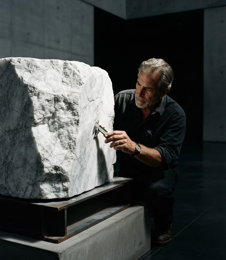 Dramatic side lighting on a raw Carrara marble block being inspected by a master mason in a minimalist gallery setting.