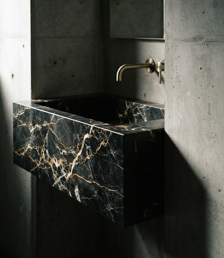Dramatic architectural close-up of a monolithic black marble washbasin with gold veins, installed in a minimalist concrete gallery wall, sharp side lighting, 35mm lens.