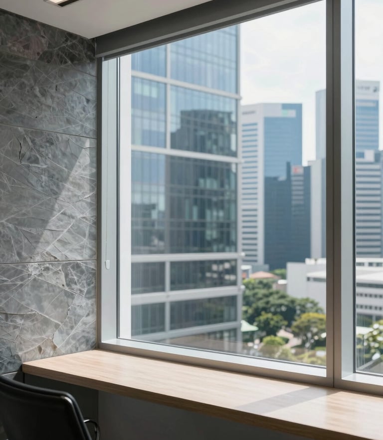 A modern corporate building window overlooking Singapore's financial district, bright natural daylight, cool slate and blue tones, 35mm lens
