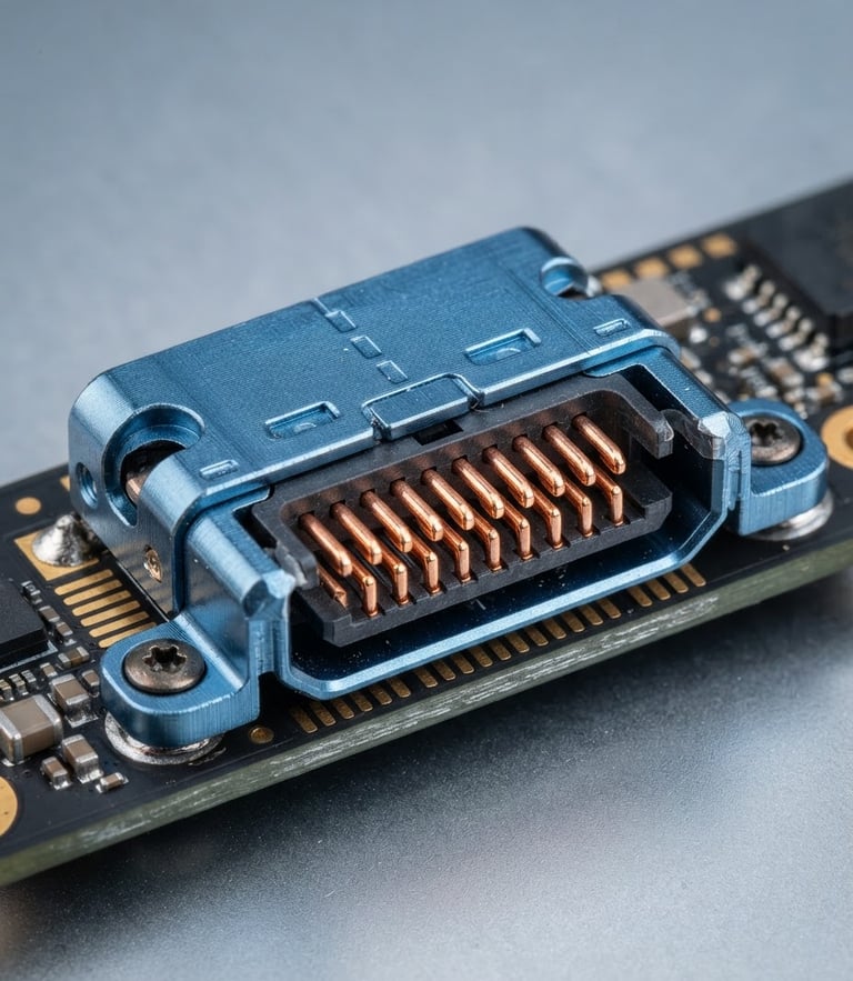 Macro close-up of a high-spec copper connector port with metallic blue shielding, bright high-key studio lighting, crisp focus