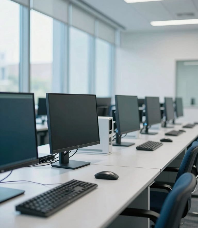 Bright sunlit university computer lab with modern workstations, clean architectural lines, cool blue and teal tones, sharp 35mm focus