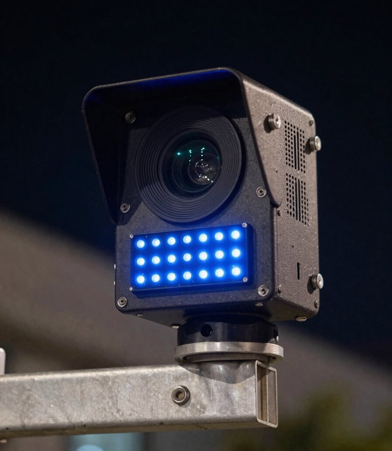 Extreme close-up detail shot of ruggedized traffic sensor hardware mounted on a clean steel mast arm, high-contrast night setting with sharp electric-blue LED indicator lights, technical command-center aesthetic.