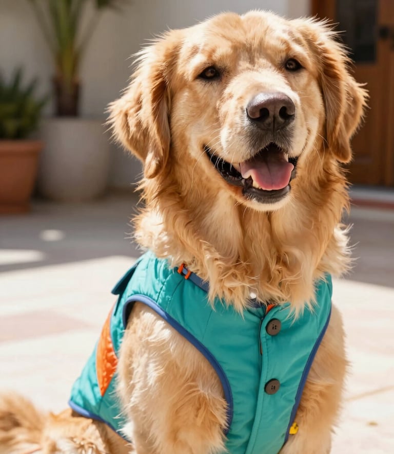 Close-up of a happy golden retriever wearing a colorful handcrafted teal vest, sitting in a bright sunlit patio in Mexico, warm natural lighting, 50mm lens
