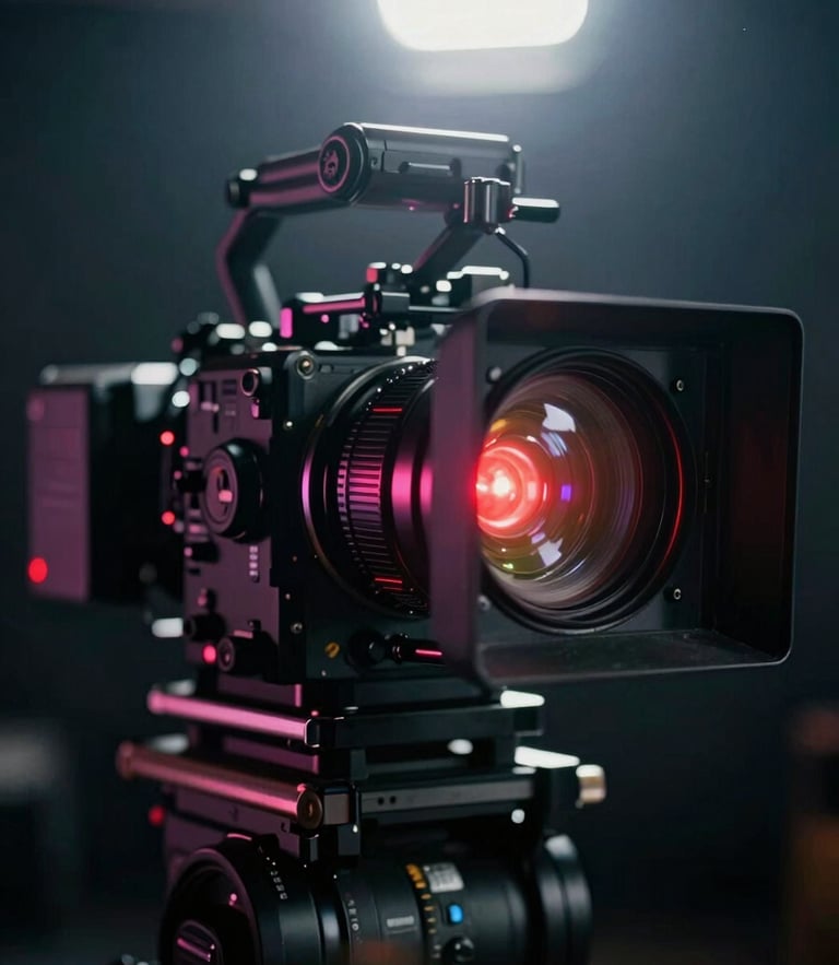 Extreme close-up of a high-end cinema camera rig, red status light glowing in a dark studio, anamorphic lens flare, cinematic lighting, 35mm grain.