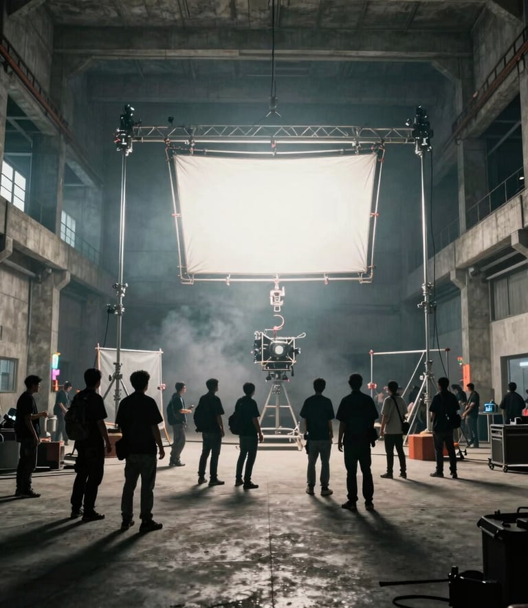 Wide environmental shot of a busy film set inside a concrete warehouse, massive lighting rigs suspended from metal scaffolding, haze in the air, cinematic shadows.