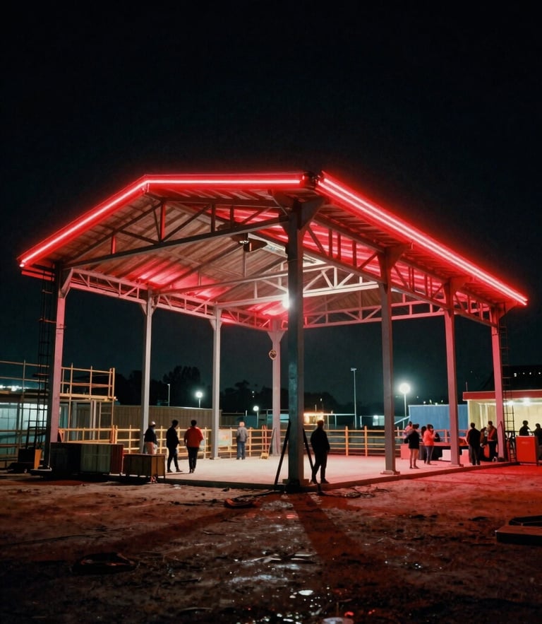 Wide-angle anamorphic shot of a massive steel brand pavilion under construction at a night festival, dramatic red neon lighting, crew working in the background, 35mm grain