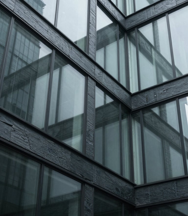 A tight, abstract architectural crop of glass and steel panels reflecting cool diffused daylight, sharp contrast shadows, 35mm