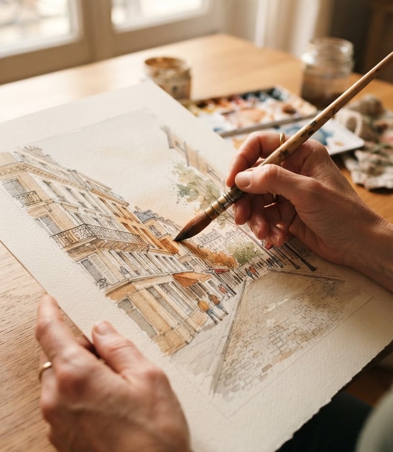 Close-up of hands holding a watercolor paintbrush over a textured paper sketch of a Parisian street, soft natural daylight, warm tones, 35mm