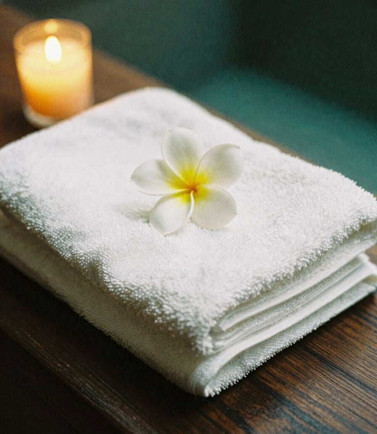 Close-up of neatly folded white towels and a single white frangipani flower on a dark wooden surface, warm candle light, 35mm photography