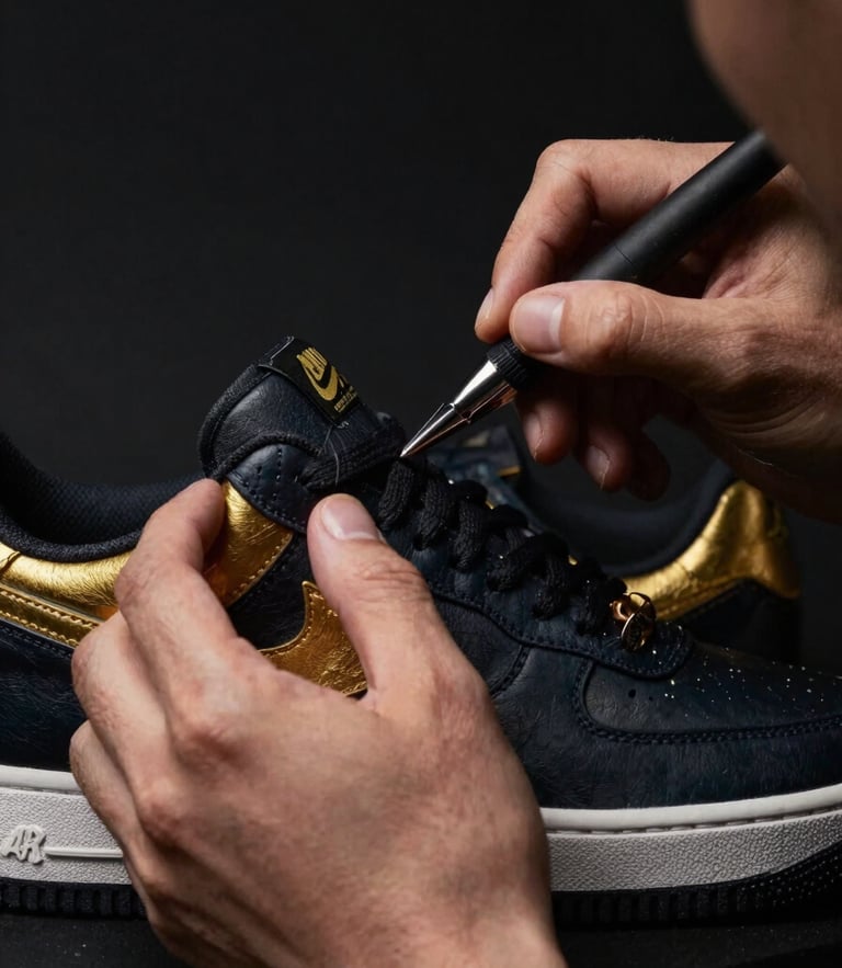 Close-up of hands painting a custom sneaker with gold accents, professional studio lighting, rich dark background, 35mm lens