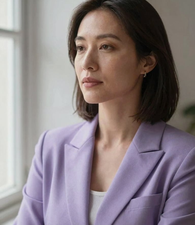 A thoughtful environmental portrait of a female leader looking off-camera, soft natural window light, muted lilac and plum tones, shallow depth of field, 35mm