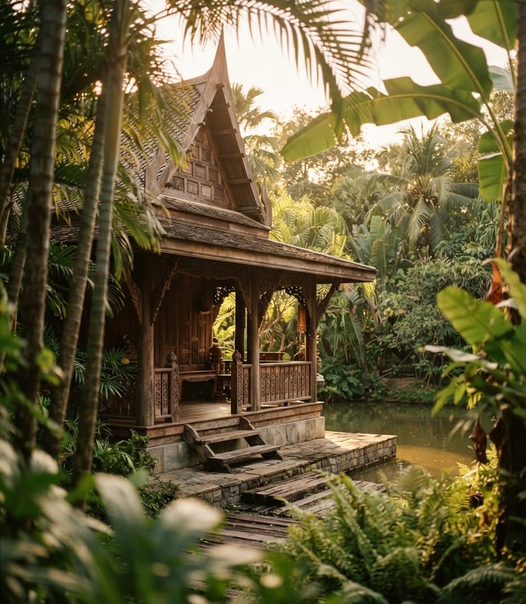 Warm editorial photography of a serene traditional Thai teakwood pavilion exterior, soft golden hour sunlight filtering through lush tropical palm leaves, shallow depth of field, 35mm