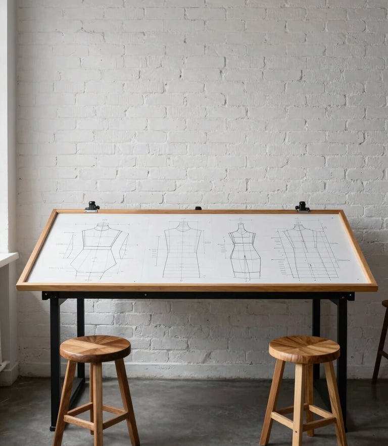 A minimalist design studio interior with white brick walls, a large drafting table showing technical garment patterns, and warm oak stools.