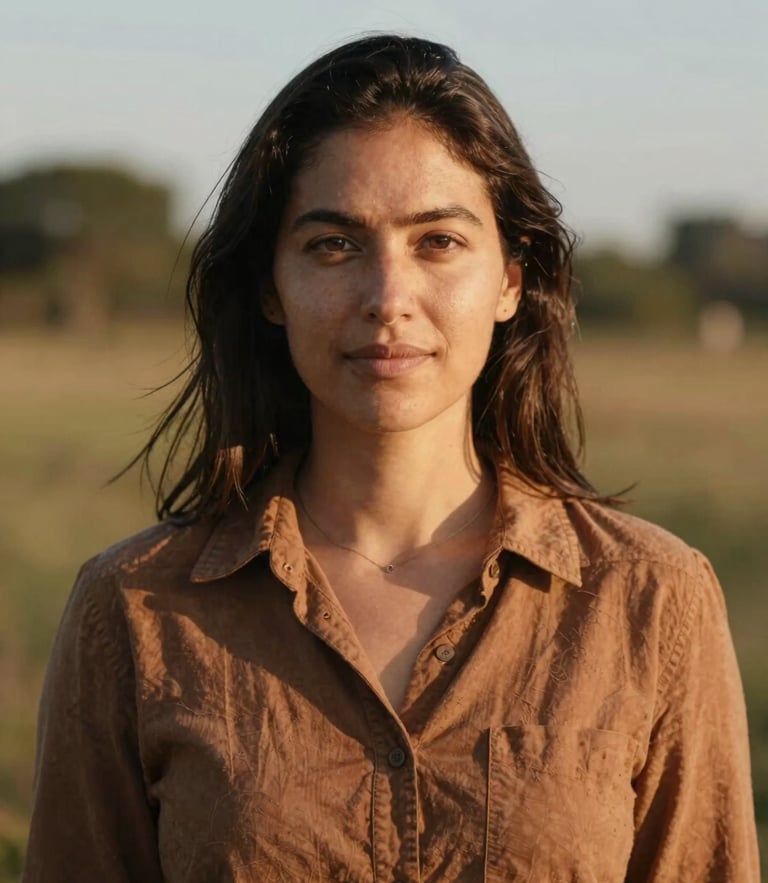 A medium environmental portrait of a focused woman community leader looking directly at the camera with agency and warmth, warm natural golden-hour light, 35mm lens, rich earthy tones