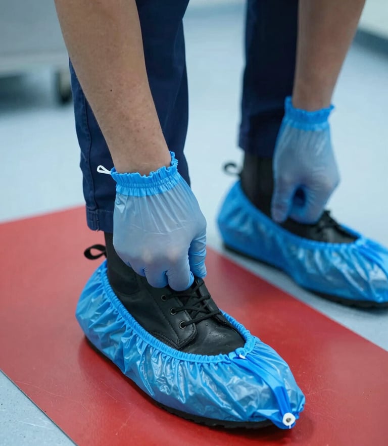 Close-up of a technician's feet in clean black work boots putting on blue protective shoe covers, stepping onto a red protective floor runner inside a clean utility room, bright cool lighting.