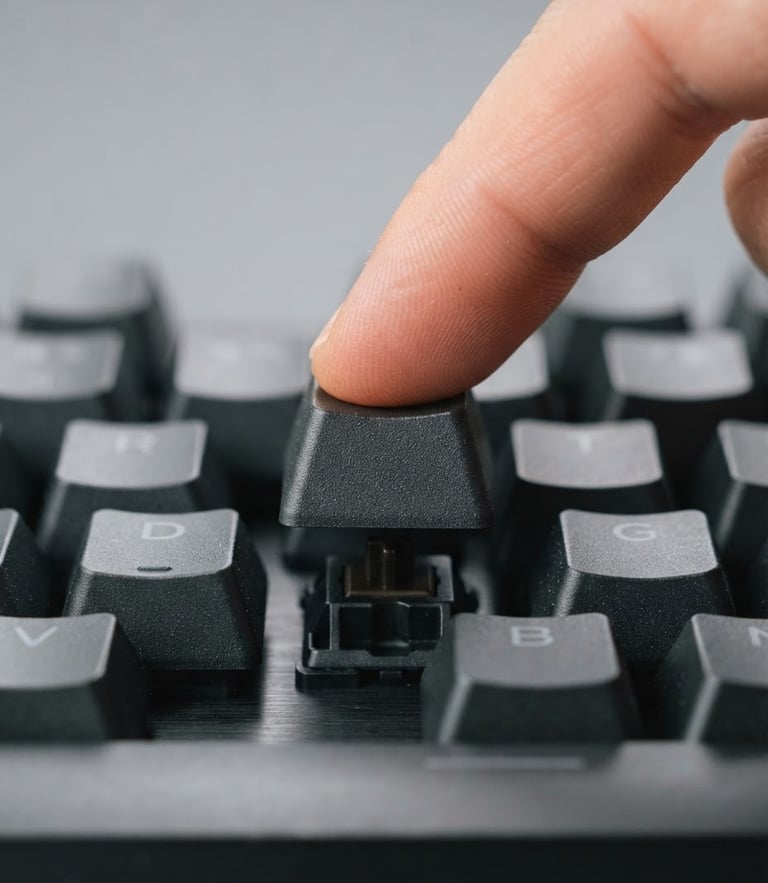Crisp macro shot of a modern mechanical keyboard keycap being pressed, bright clean studio lighting, neutral gray background, sharp focus