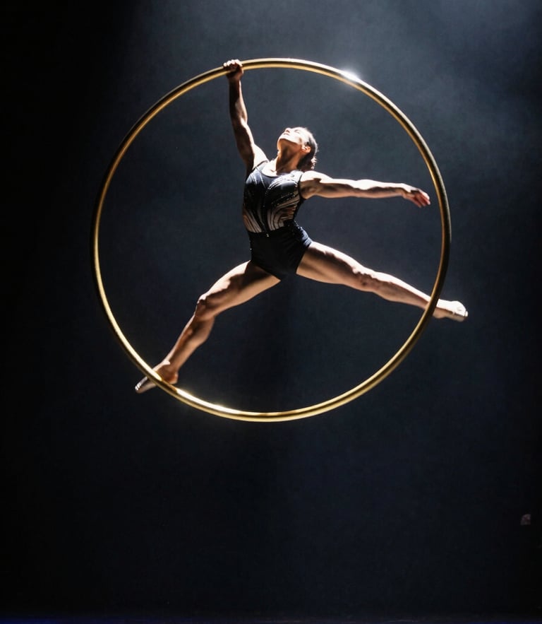 Low-angle cinematic shot of a Cyr Wheel performer in mid-spin, dramatic golden rim lighting, high-contrast spotlighting on a dark stage, sharp focus, 35mm