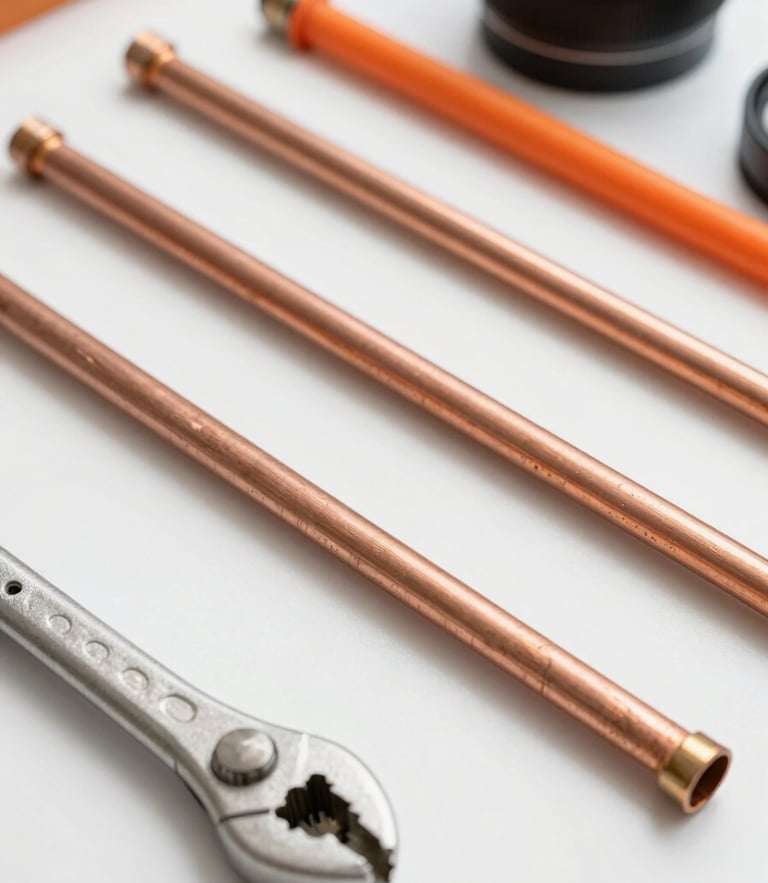 Close-up of clean copper pipes and professional tools neatly arranged on a bright, clean work surface, crisp daylight, neutral tones with orange accents, 35mm lens