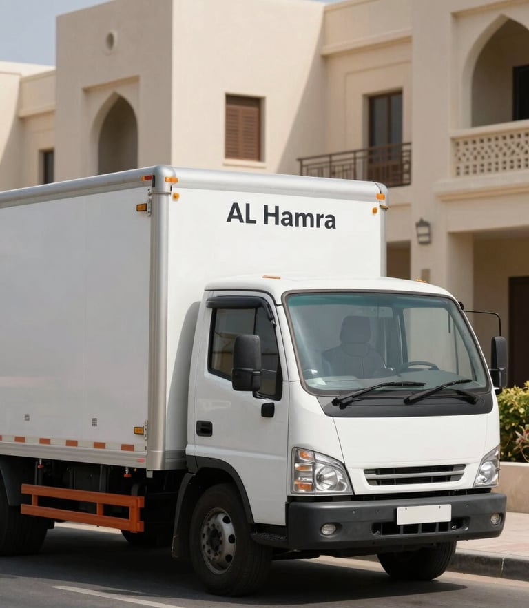 A clean, branded Al Hamra moving truck parked on a sun-drenched residential street in Ras Al Khaimah, natural UAE daylight, sharp architectural details in background.