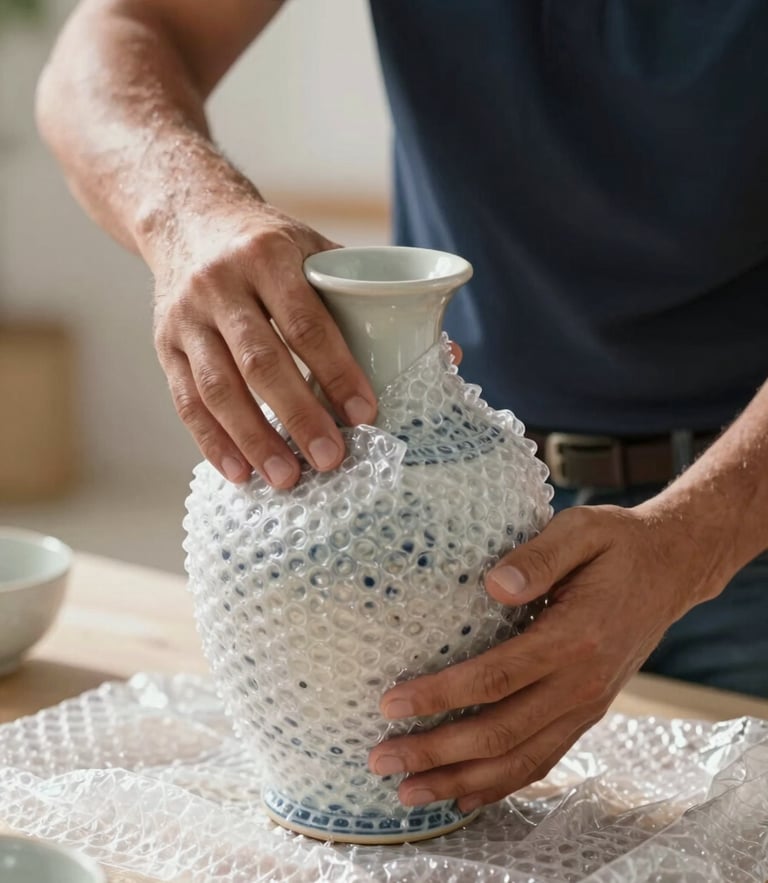 Close-up of a professional mover's hands carefully wrapping a delicate ceramic vase in heavy-duty bubble wrap, natural bright UAE daylight, clean and focused composition.