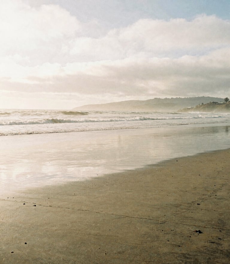 A quiet, overcast morning on a Southern California coast, soft light reflecting on wet sand at low tide, environmental, 35mm film grain.