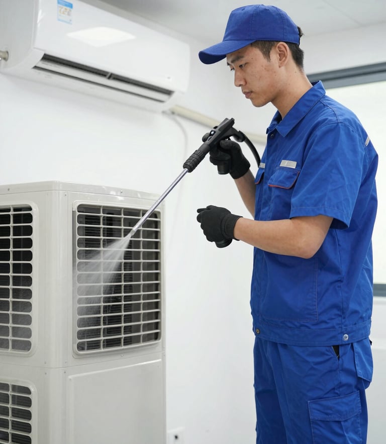 Professional technician in a clean uniform using high-pressure washing equipment on a modern split air conditioner unit, bright indoor lighting, deep blue tones