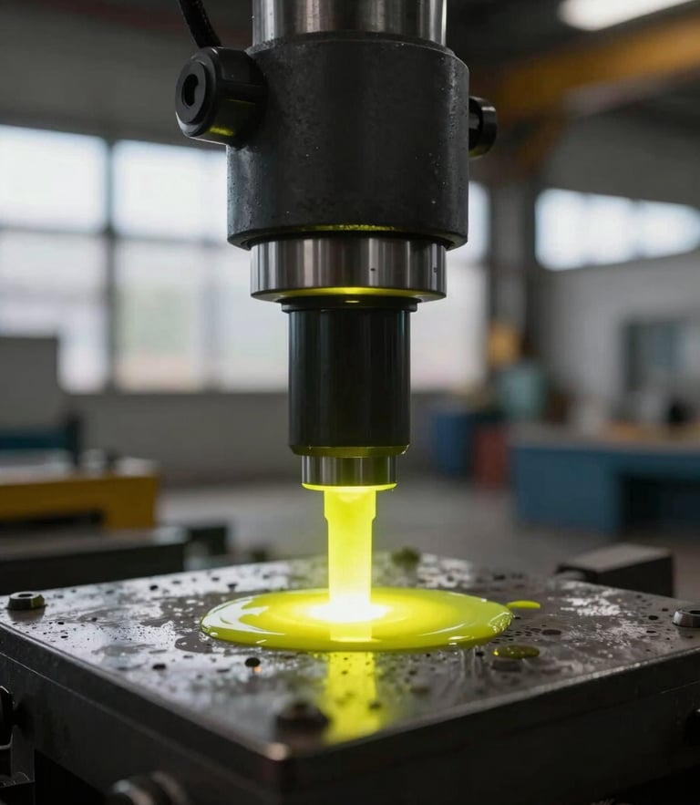 Close-up macro shot of a magnetic particle testing probe on a crane weld, fluorescent yellow dye glowing under safety UV light in a dark industrial hangar, high contrast, 35mm lens.