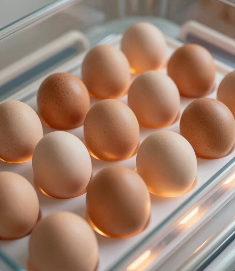 Warm editorial photography of a clean incubator interior with eggs neatly arranged under the soft internal amber light of the heating element, detailed macro shot, 35mm