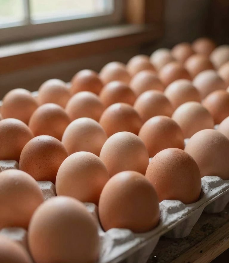 A close-up of clean incubator trays with eggs neatly arranged under a warm amber glow, soft natural light filtering through a barn window, 35mm editorial photography