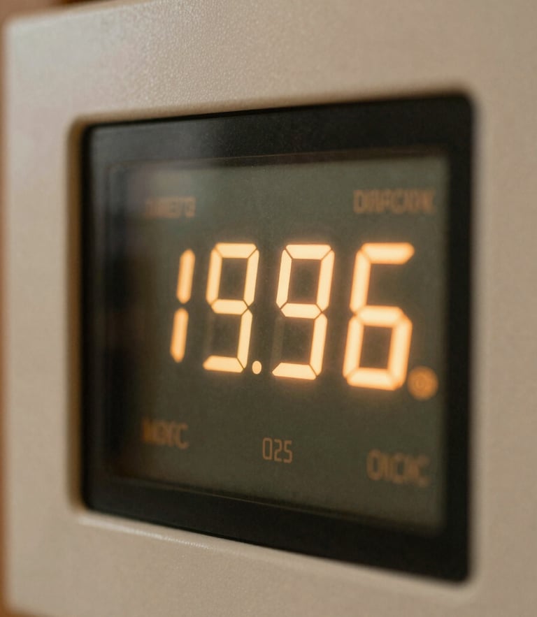 Close-up of a digital temperature control panel glowing with soft amber numbers, detailed macro shot, warm natural barn light, 35mm