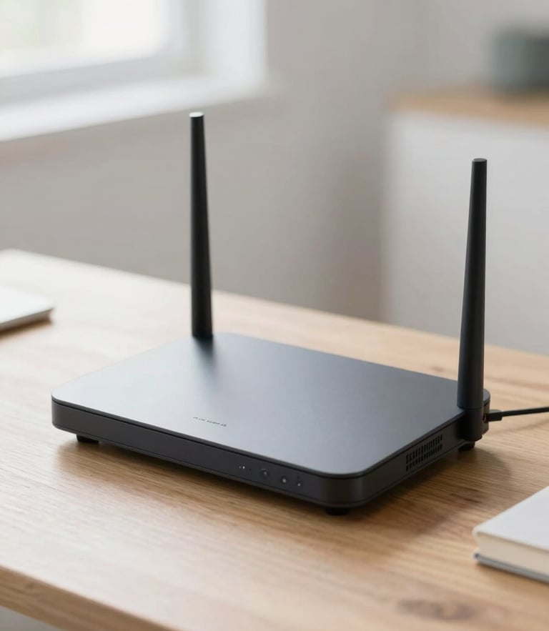 A sleek modern home router on a minimalist wooden desk, soft natural daylight, shallow depth of field, 35mm