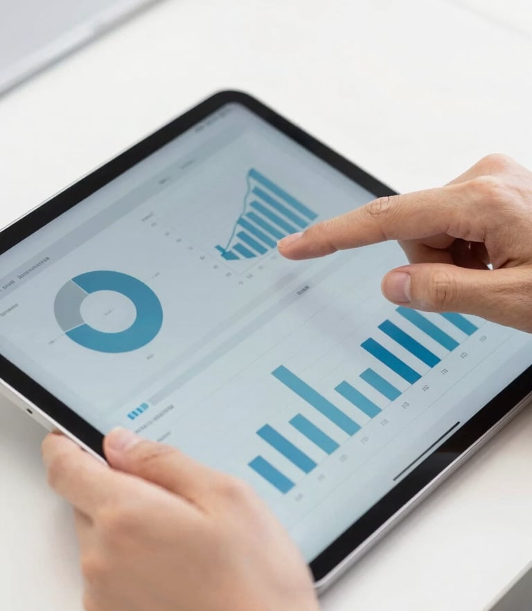 Close-up of hands interacting with a sleek tablet showing data charts, bright daylight, clean tech photography, 35mm