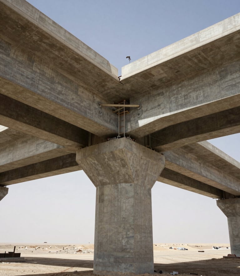 Low-angle monumental shot of a concrete highway bridge under construction, harsh desert daylight, deep shadows, industrial editorial photography, 35mm