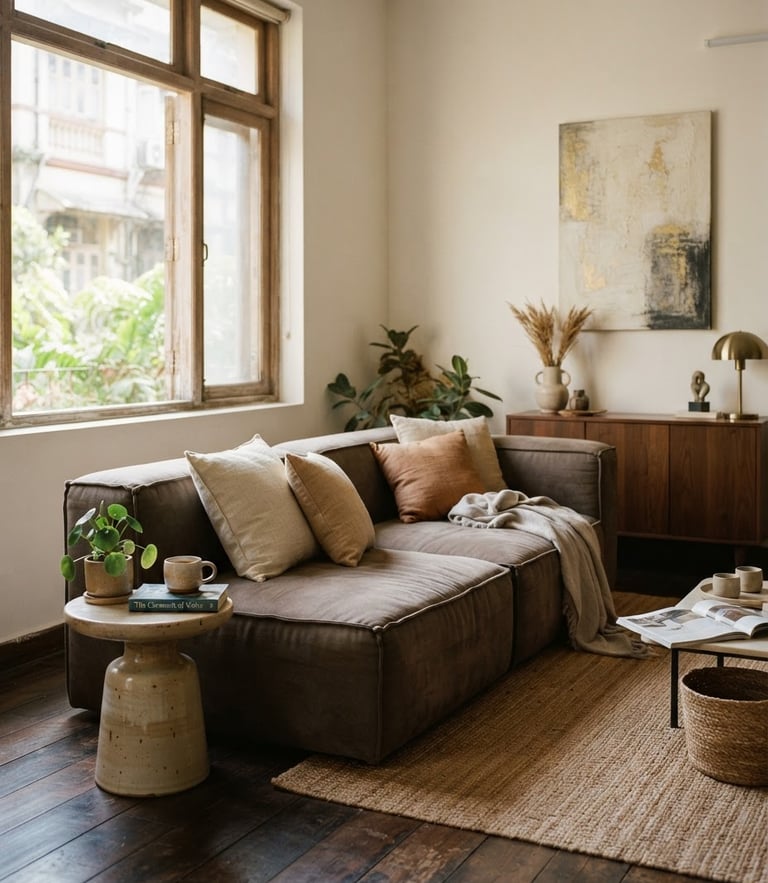 A beautifully styled warm minimalist living room in a South Mumbai apartment, featuring a custom deep taupe modular sofa, soft natural window light, 35mm editorial photography