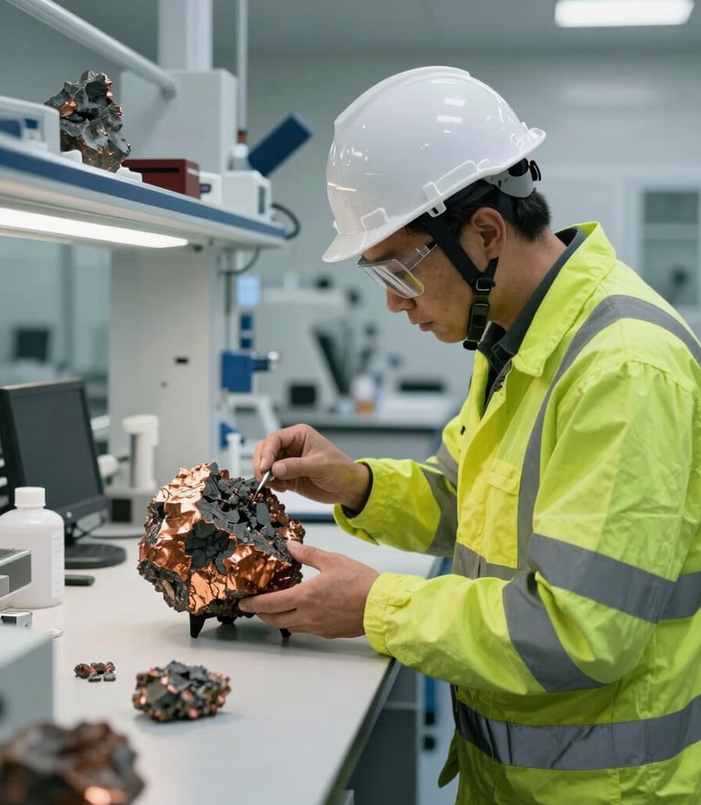 A geologist in high-visibility safety gear examining a raw mineral sample inside a modern, brightly lit testing laboratory, sharp focus, industrial documentary style