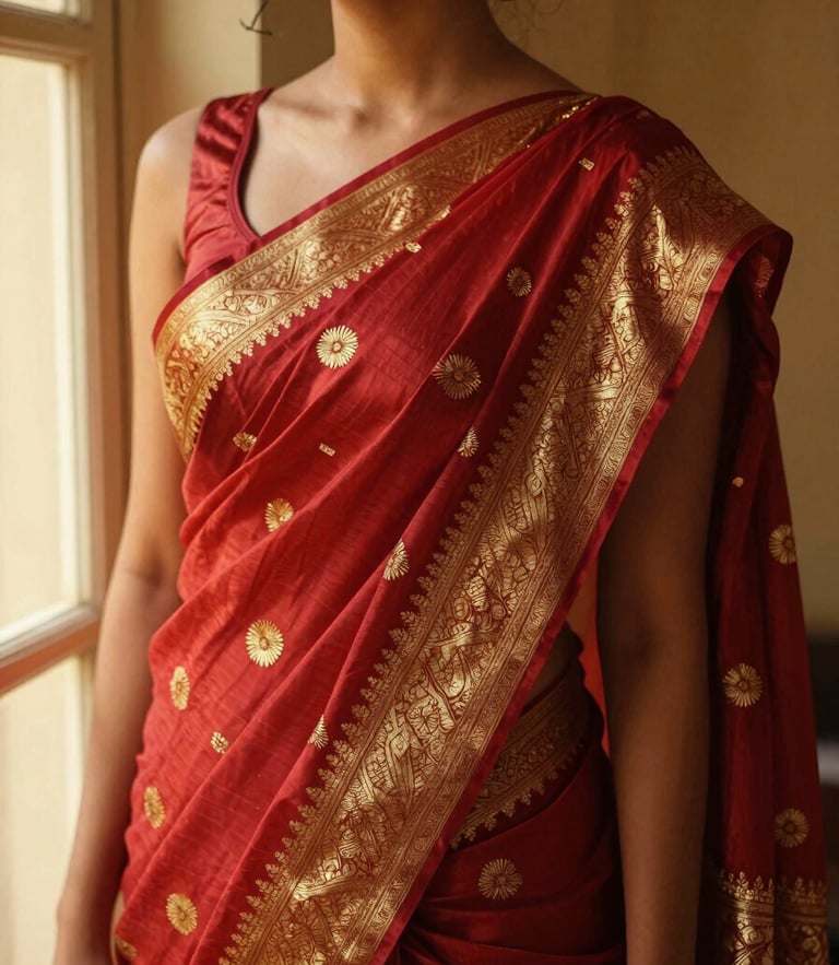 Medium close-up of a rich crimson Banarasi silk saree with intricate gold zari embroidery, draped elegantly over a shoulder, warm golden hour window light, 35mm