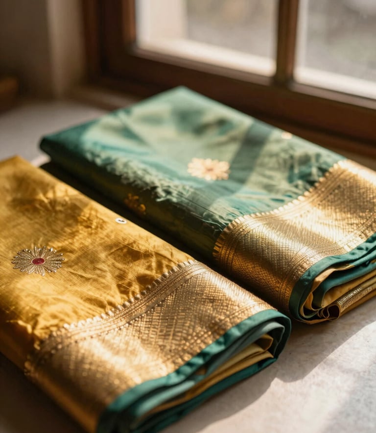 Warm editorial photography of sunlight filtering through a window onto folded silk sarees with gold zari threads, shallow depth of field, 35mm.